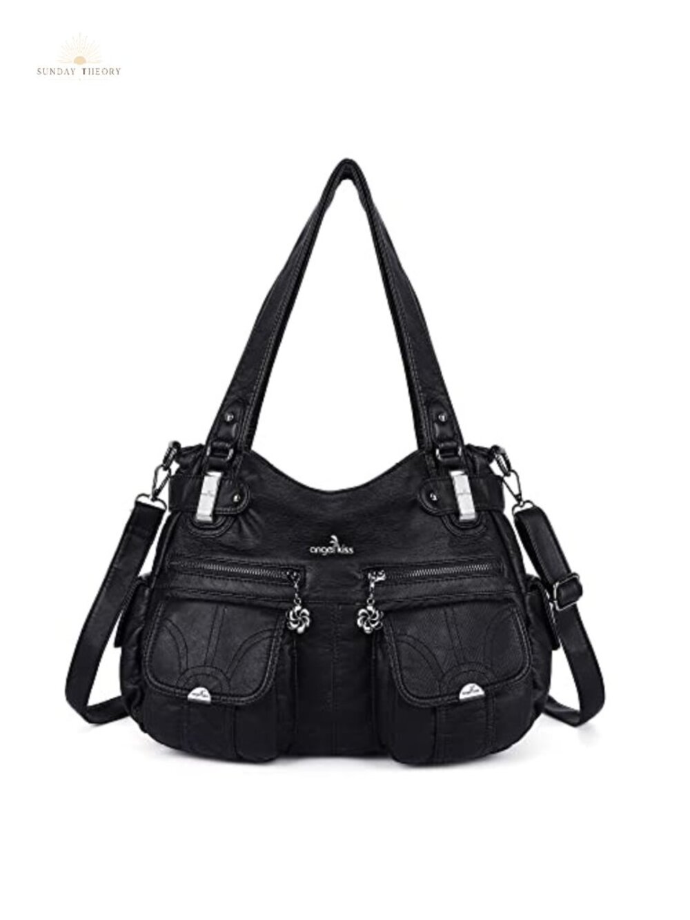 Large Double Zipper Multi Pocket Washed PU Leather Satchel Handbag Shoulder Bag